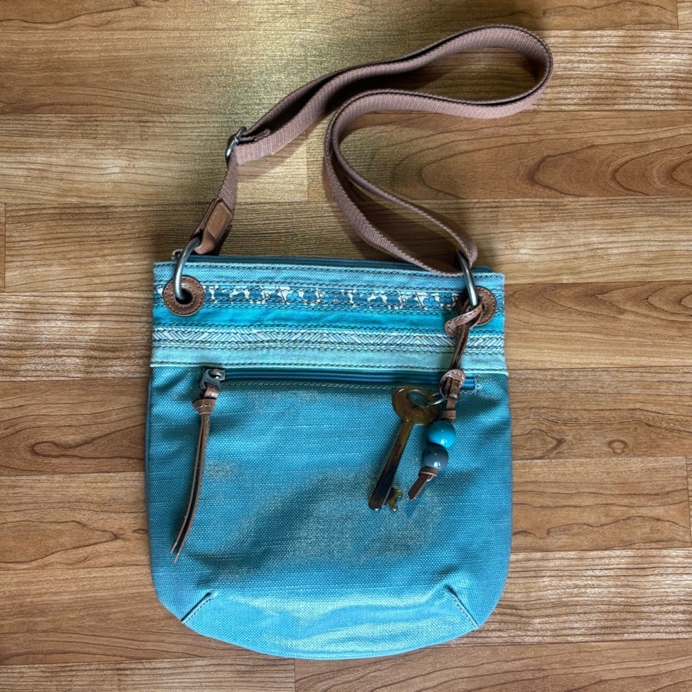 Fossil Key Per coated canvas crossbody bag in aqua/teal blue